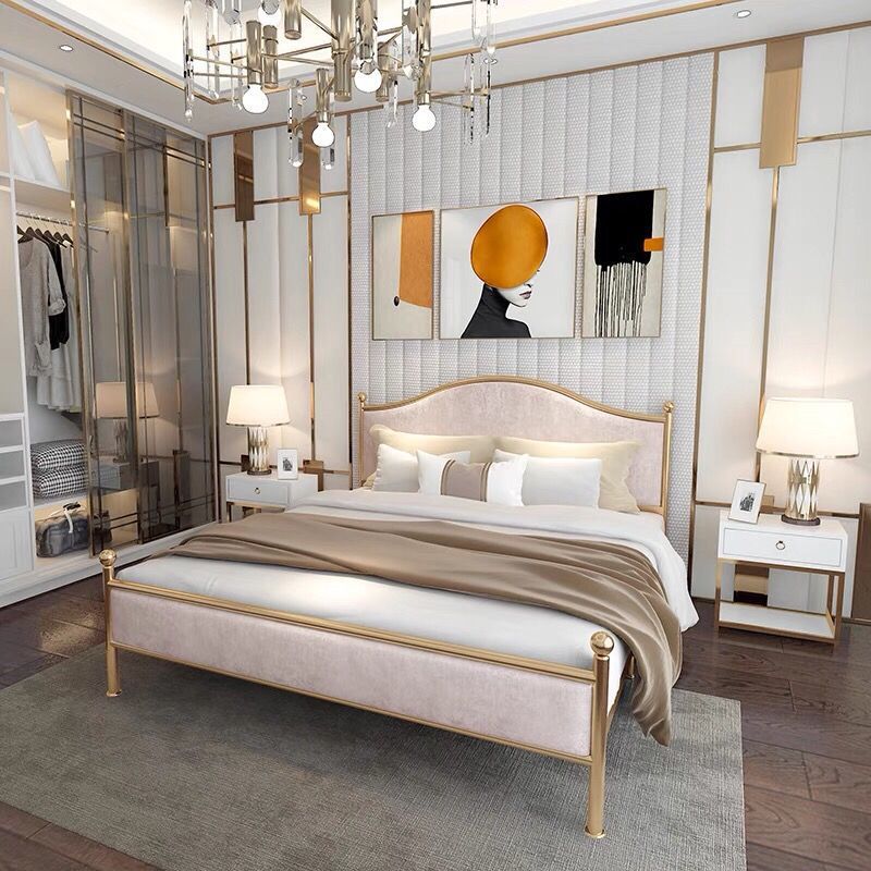 Contemporary Bed Frame Metal Standard Bed with Upholstered Headboard