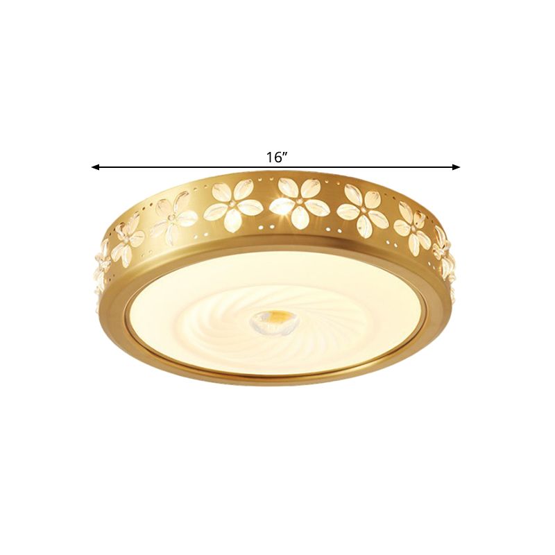 Rustic Style Drum Shape Flush Light Cream Glass LED Ceiling Mounted Fixture with Blossom Trim Decor in Brass