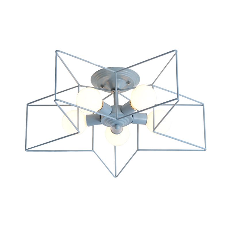 Pentacle Frame Iron Flush Mount Light Kids 5-Bulb Pink/Grey/Blue Semi Flush Ceiling Light for Baby Room