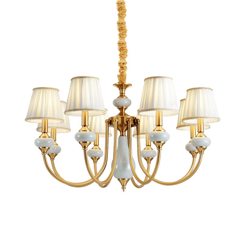 Gold Tapered Pleated Pendant Chandelier Traditional Fabric 8-Light Dining Room Hanging Ceiling Lighting