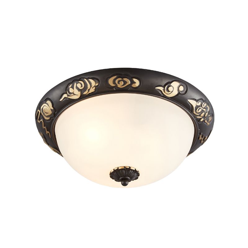 3/4-Head Cream Glass Ceiling Fixture Retro Black Dome Bedroom Flush Mount Recessed Lighting with Embossed Rose Edge