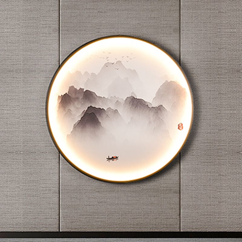 Misty Mountains/Carp Fish Mural Lamp Chinese Style Fabric Sitting Room LED Wall Mounted Light in Black