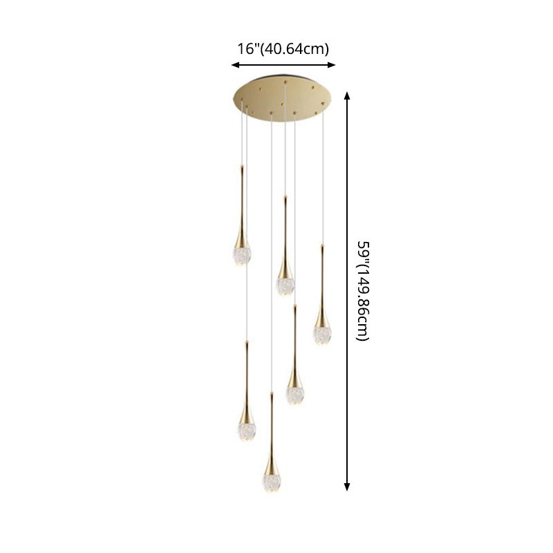 Modern Brass Crystal Hanging Light Long LED Cone Cascade Pendant Lights for Stairwell
