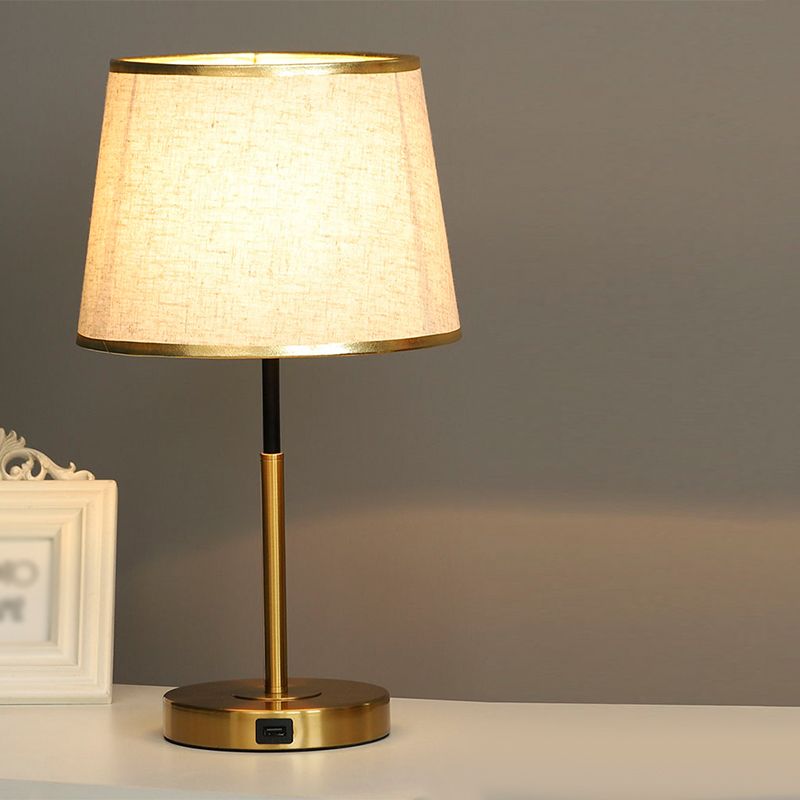 Gold Metal Table Light Modern 1-Light Bedroom Nightstand Lamp with Bucket Fabric Shade