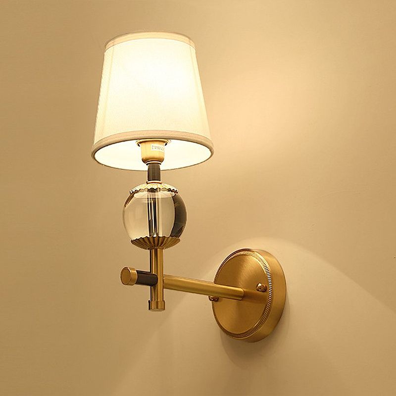 Gold Conical Wall Mounted Light Traditional White Fabric 1/2 Heads Entry Wall Sconce with Crystal Ball