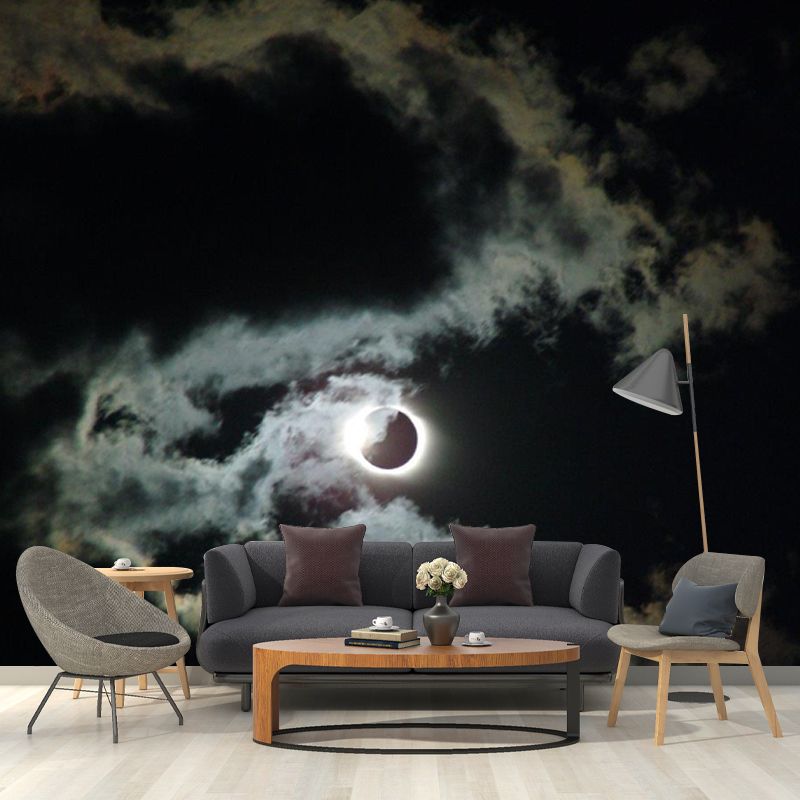 Non-Woven Washable Mural Modern Cloud and Full Moon Night Wall Decor in Black-White