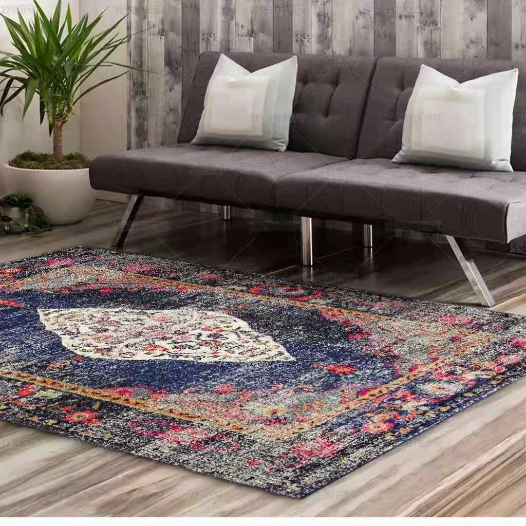 Navy Traditional Carpet Polyester Graphic Carpet Stain Resistant Carpet for Living Room