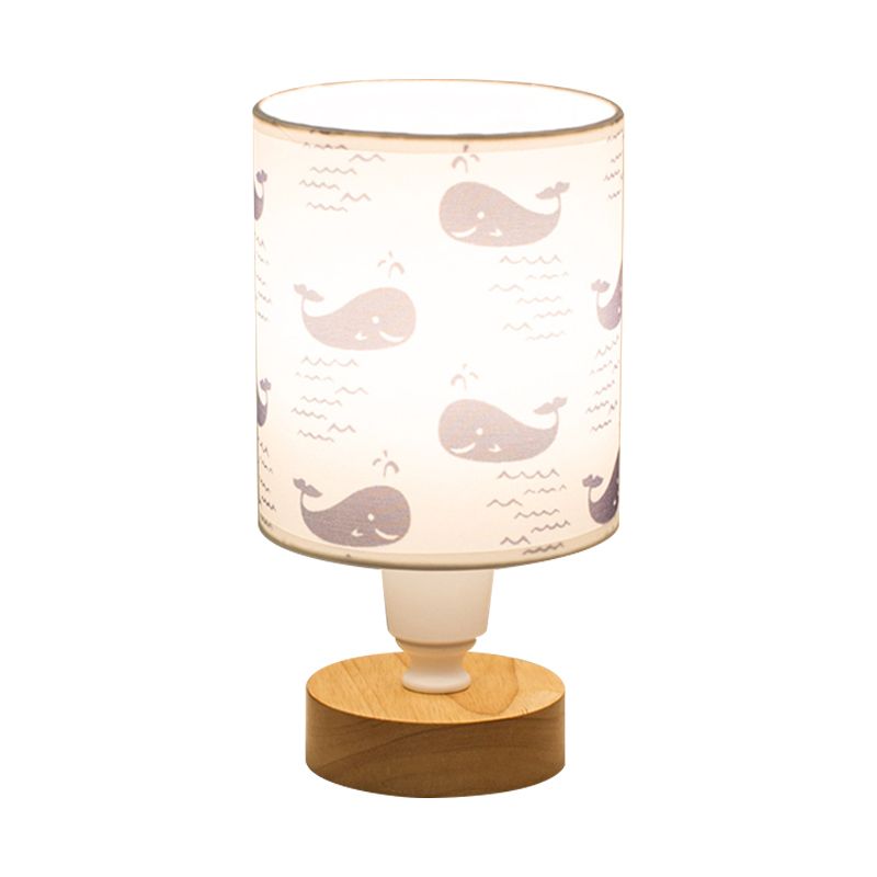 Fabric Cylinder Desk Light Modern 1-Bulb Reading Lamp with Tree/Fish/Cactus Deco and Wooden Base in White