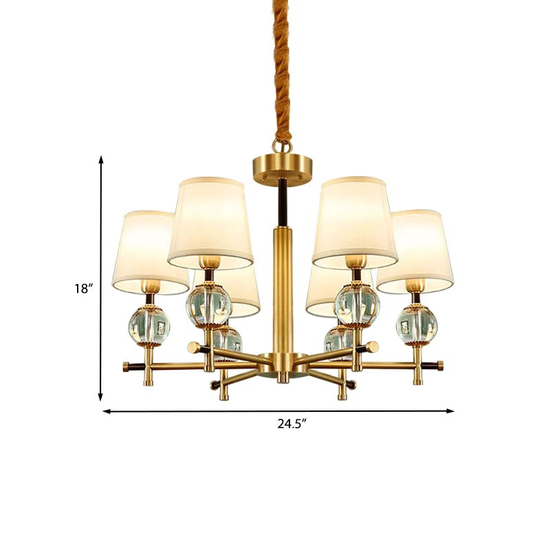 Conische slaapkamer kroonluchter lampstof 6 koppen eigentijdse plafondhanger in messing met kristal accent