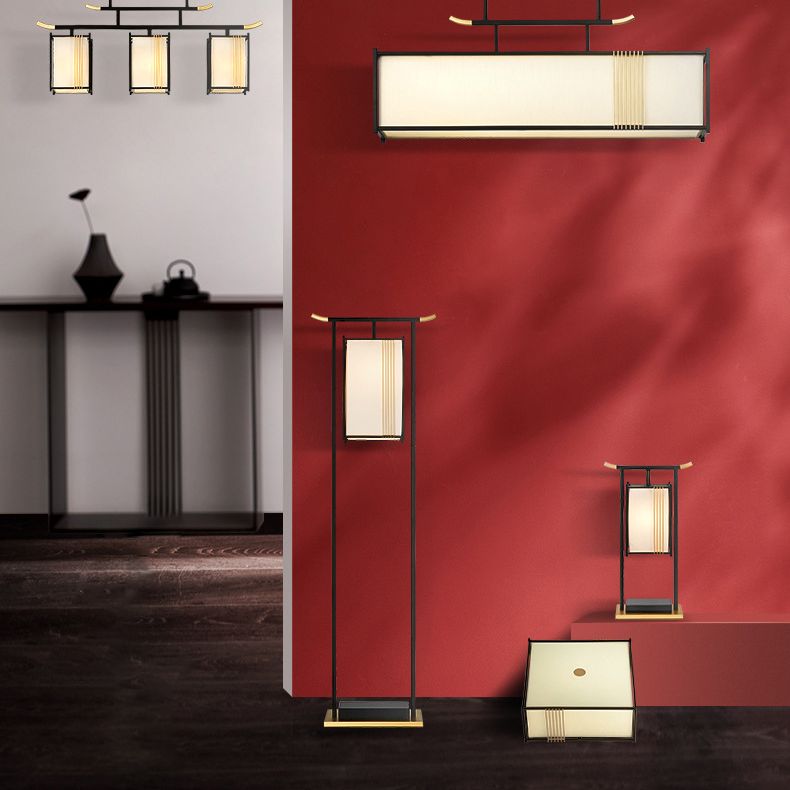 Rectangle Fabric Shade Pendant Hanging Lamp Chinese Style 1 Light Bedroom Hanging Ceiling Light