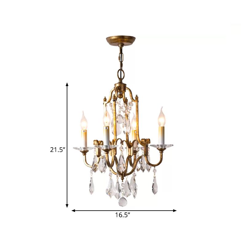 Antiqued Brass 4-Light Hanging Chandelier Rustic Crystal Candlestick Ceiling Pendant Lamp