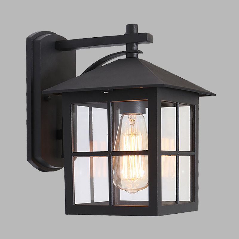 Black 1 Head Wall Sconce Light Lodges Clear Glass Cuboid Wall Lamp Fixture for Outdoor