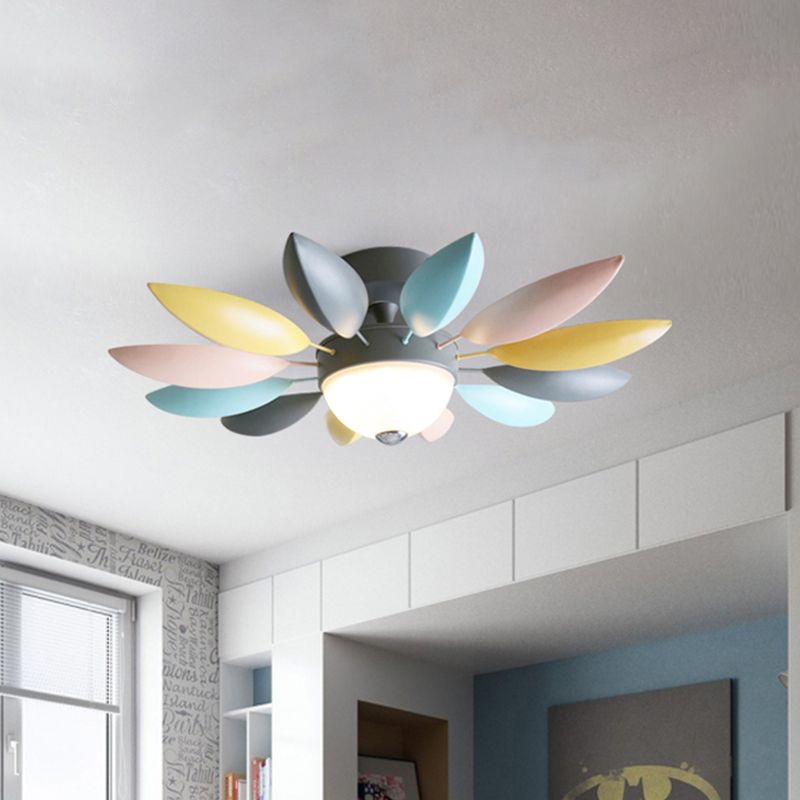 Macaron Blossom Semi Flush Lighting Metallic LED Bedroom Flush Ceiling Lamp Fixture in Grey, Warm/White Light
