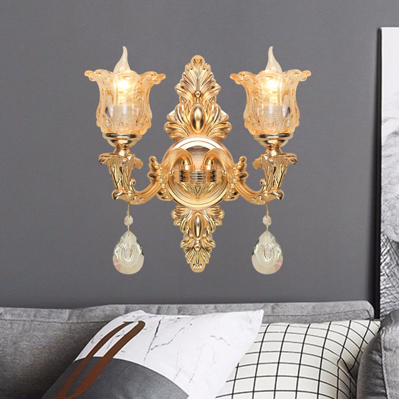 Bellflower Amber Glass Wall Lamp Kit Antique 2 Lights Living Room Sconce Light Fixture in Gold
