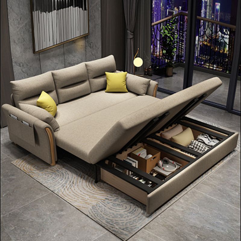 Convertible Flared Arm Sofa Bed Linen Sofa Bed in Brone for 3 peopl