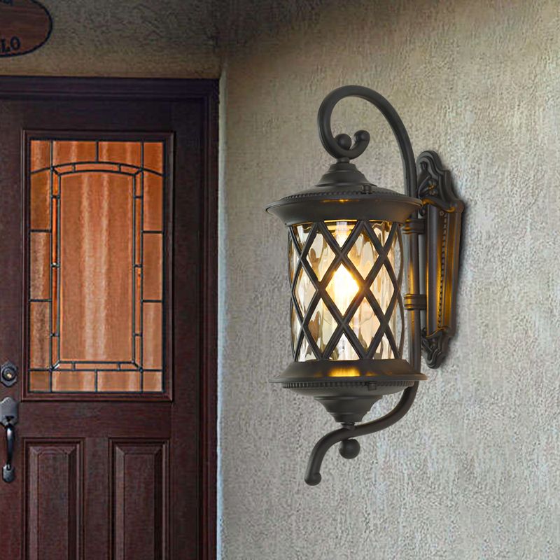 Curling Arm Outdoor Wall Light Rural 1 Head Clear Ripple Glass Black Wall Sconce Lighting