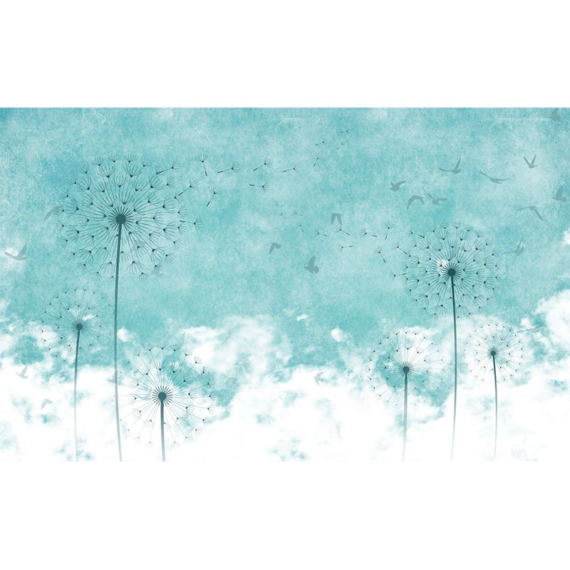 Dandelion Wallpaper Murals in Blue and White, Minimalist Wall Covering for Accent Wall