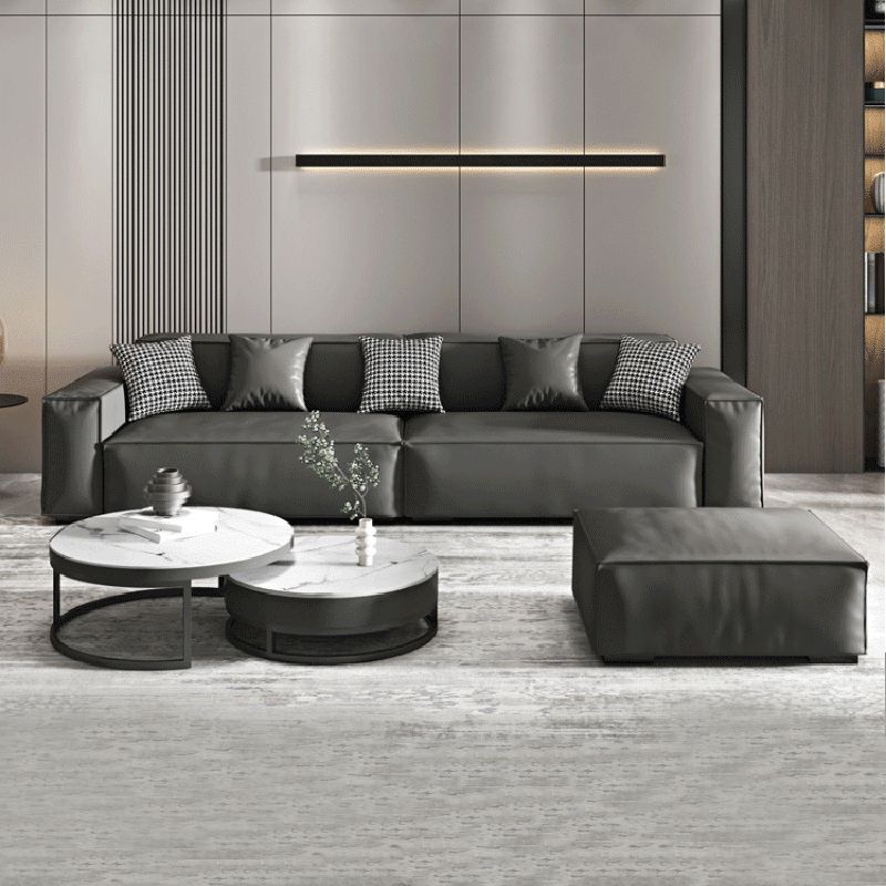 Grey Faux Leather Contemporary Square Arm Sofa Stain Resistant Standard Sofa