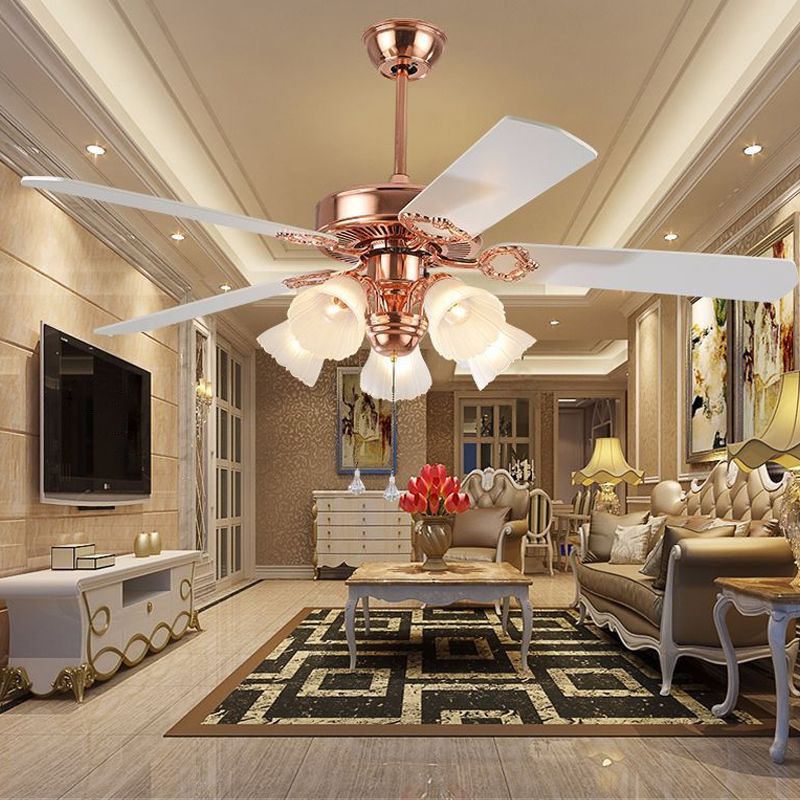 52" Wide Gold 5 Lights Hanging Fan Light Countryside Frosted Glass Bell Shade Semi-Flush Mount, 5 Blades