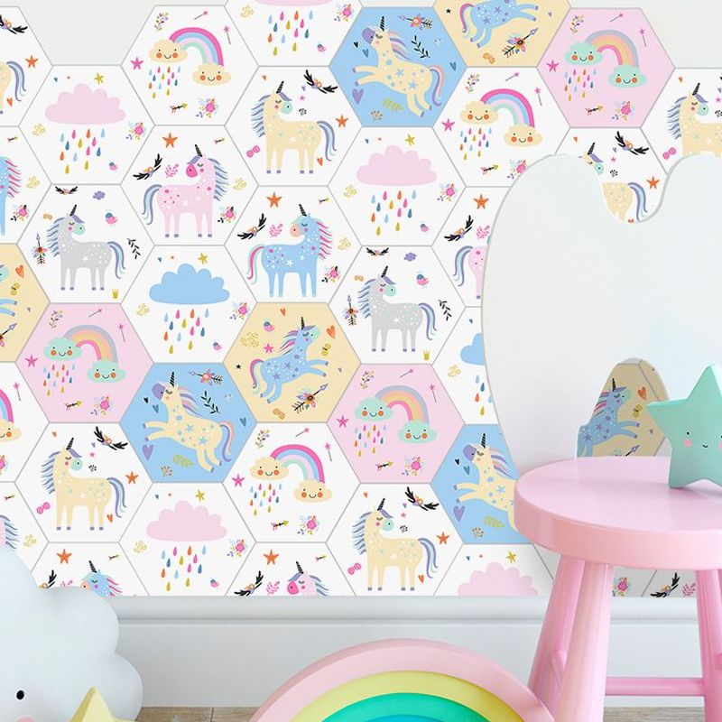 Pink Childrens Art Wallpaper Panels 9' x 8" Unicorn and Rainbow Print Wall Decor, Self-Stick