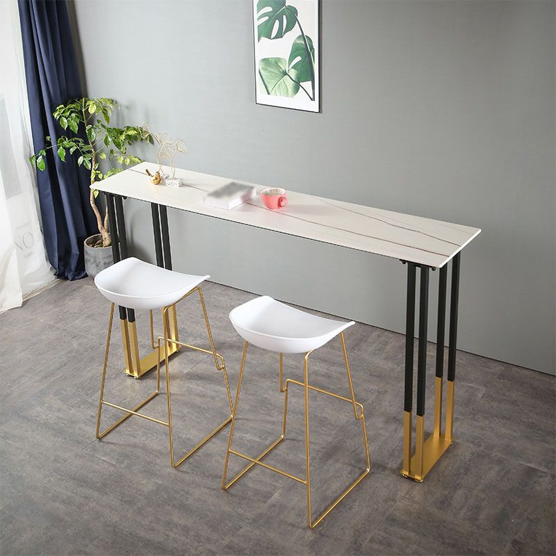 Glam Rectangle Stone Pub Bar Table Indoor Black Iron Bar Dining Table with Sled Pedestal