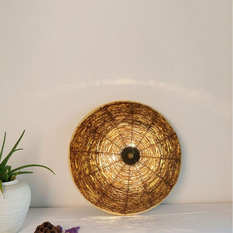 Bowl Flush Ceiling Lamp Tradition Rattan Wood 3 Bulbs Ceiling Light Fixture, 12.5"/16.5" Wide