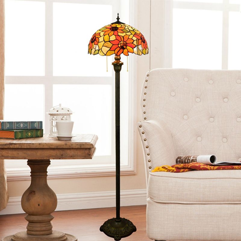 Tiffany Dome Shade Standing Light 2 Bollen handgemaakte glazen vloerlamp met trekketting