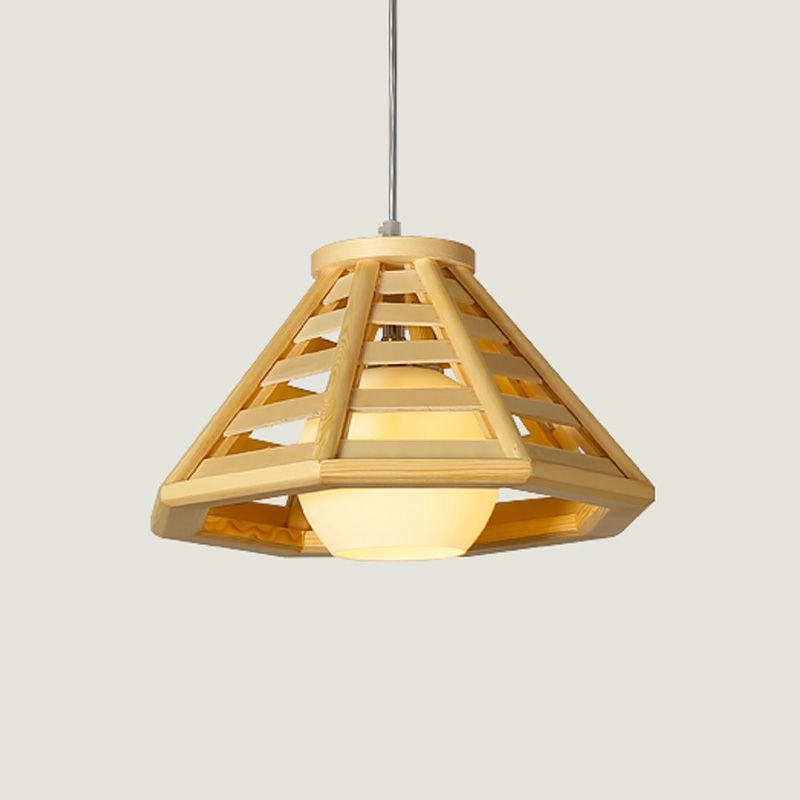 Asia Mini Globe Pendant Light Ivory Open Glass 1 Head Dining Table Suspension Lighting with Tapered Wood Cage in Beige