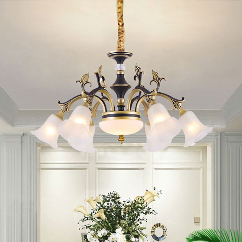 Metallic Black-Gold Suspended Lighting Fixture Curvy Arm 6/8-Light Traditional Style Chandelier with Flower Glass Shade