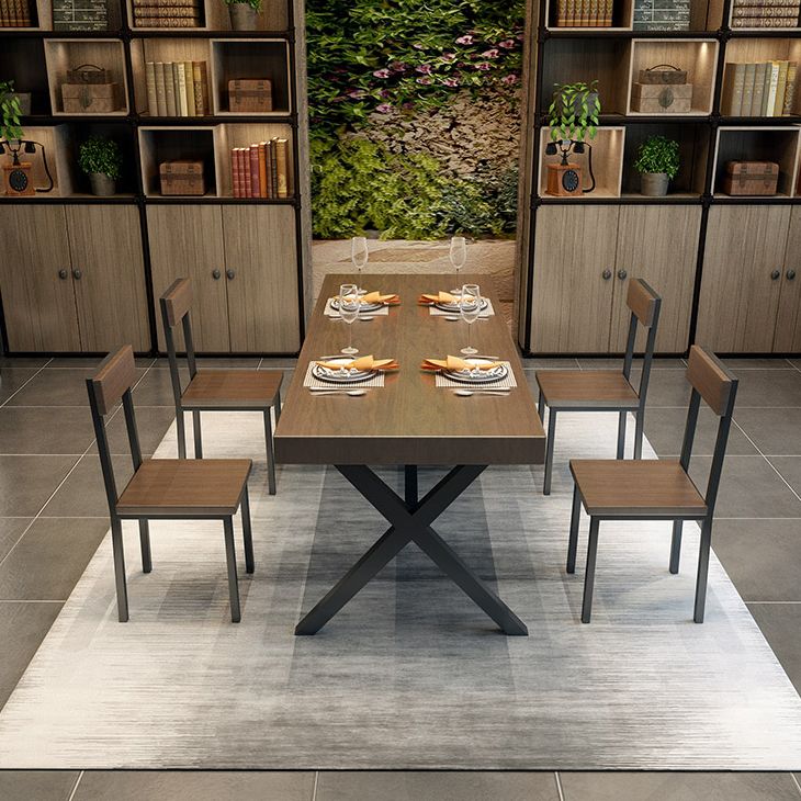 Industrial Style Solid Wood Dining Table Metallic Trestle Base Rectangle Table for Home