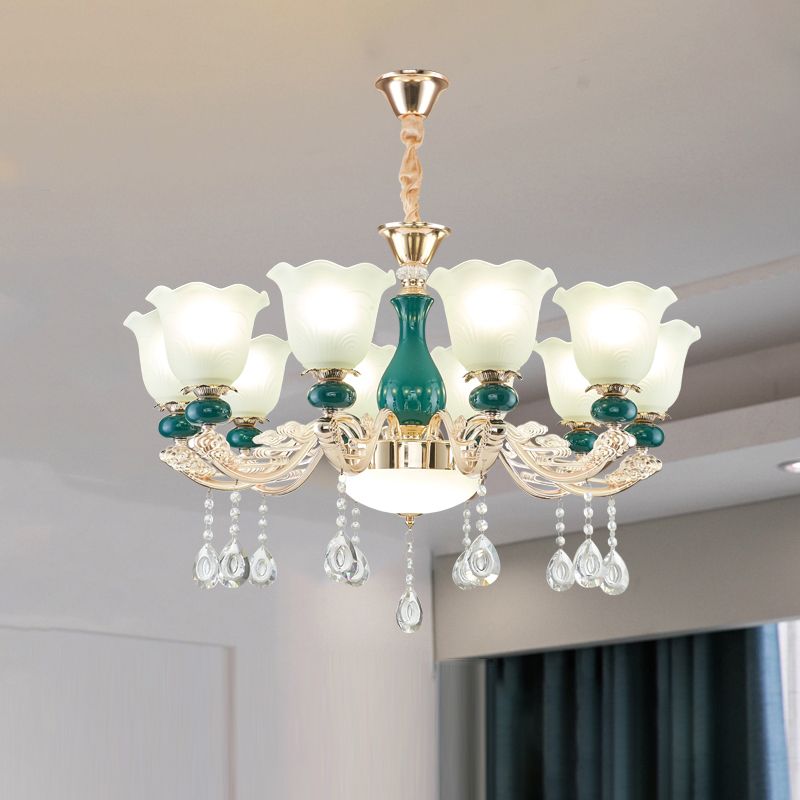 Traditional Ruffle Bell Suspension Light Cream Glass Chandelier Light with Hanging Crystal in Green
