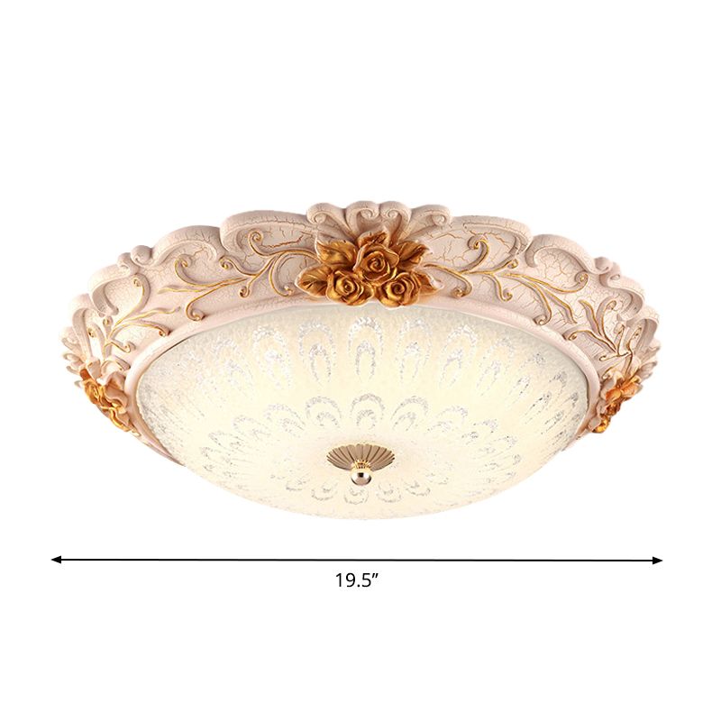 12"/16"/19.5" Width LED Flush Mount Lighting with Domed Shade Opal Blown Glass Retro Living Room Ceiling Lamp in White-Gold