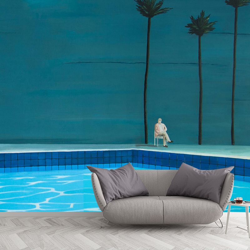 Custom Size Illustration Artistic Mural with Sit by the Pool Side Painting in Blue