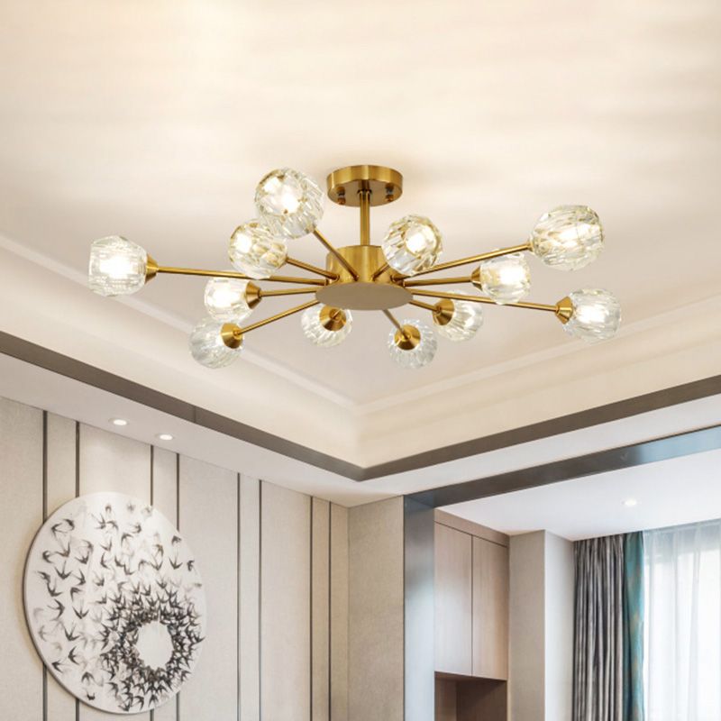 Cristal d'ébullition à l'or à facettes multiples Sputnik 12 Heads Postmoderne Semi-Flush Mount Light Fixture