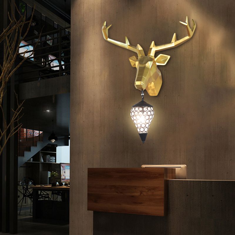 1 Light Wall Lamp Country Deer Resin Sconce Light Fixture in Black/Gold with Teardrop Crystal Shade