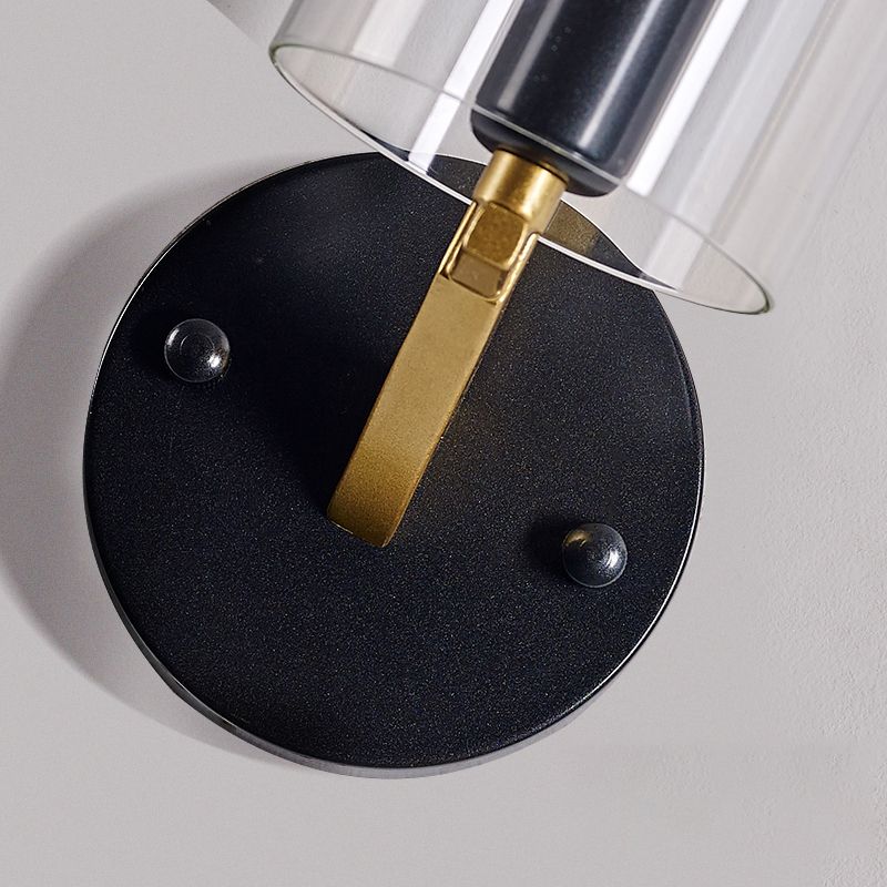 Black Tube Wall Light Retro 1 Light Transparent Glass Sconce Light Fixture with Brass Arm
