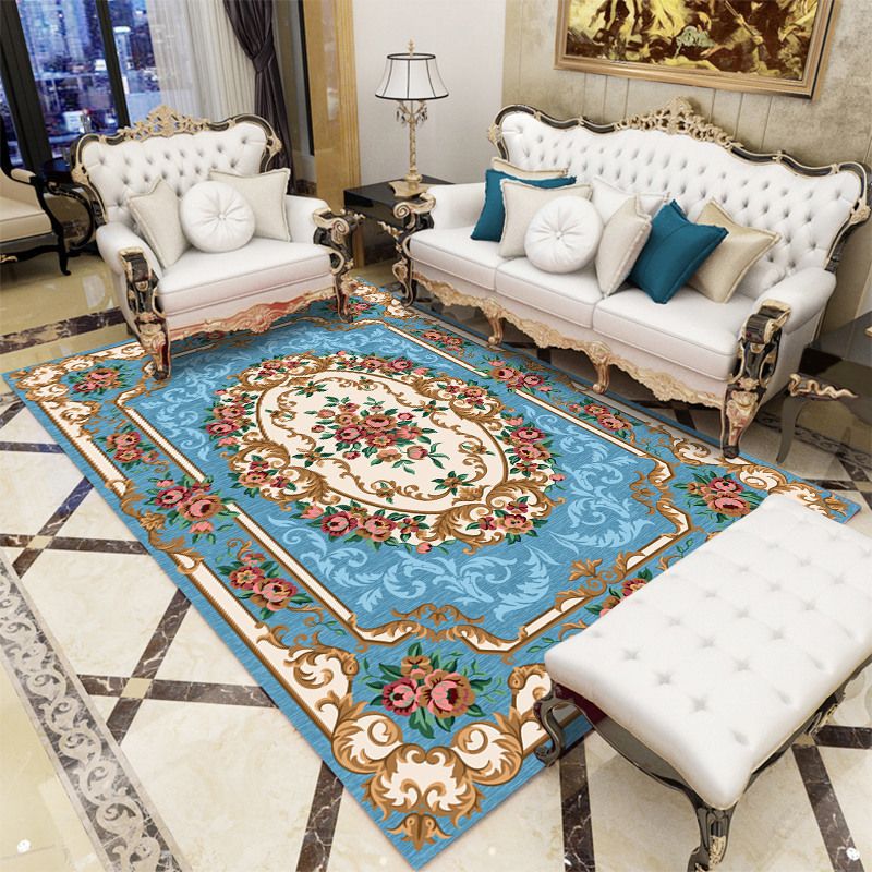 European Living Room Area Carpet Floral Pattern Polyester Area Rug Anti-Slip Easy Care Rug