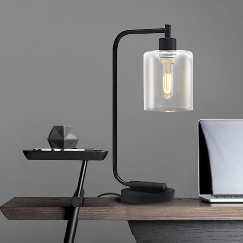 Industrial Cylindrical Night Table Lighting 1-Head Clear Glass Nightstand Light in Black for Bedroom
