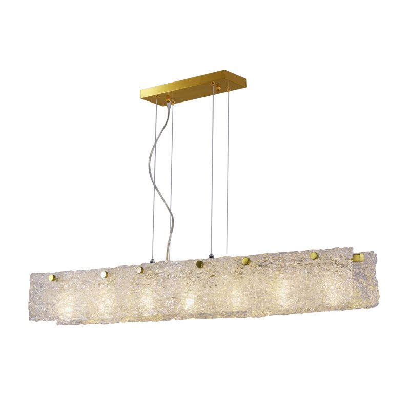 Elongated Rectangle Dinette Drop Pendant Transparent Crackle Glass 9-Light Modern Island Light in Gold