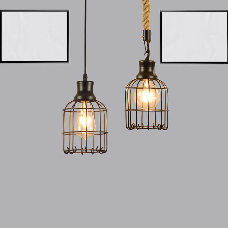 Bird Cage Pendant Lamp Metal Industrial 1 Light Ceiling Lamp Pendant in Black over Table
