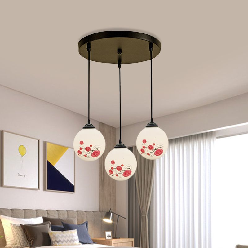 3 Heads Orb Multi-Pendant Modernism Black Finish White Frosted Glass Hanging Light Kit with Flower Pattern and Round/Linear Canopy