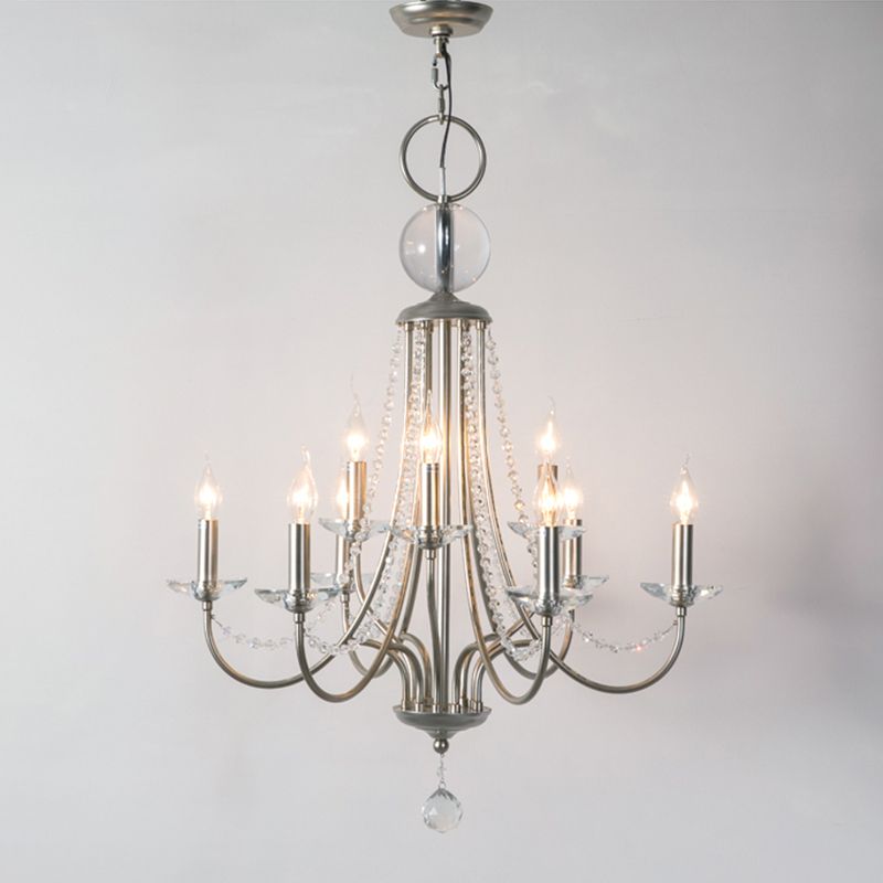 Country Style Candlestick Chandelier Metallic Hanging Light Kit with Crystal Strand