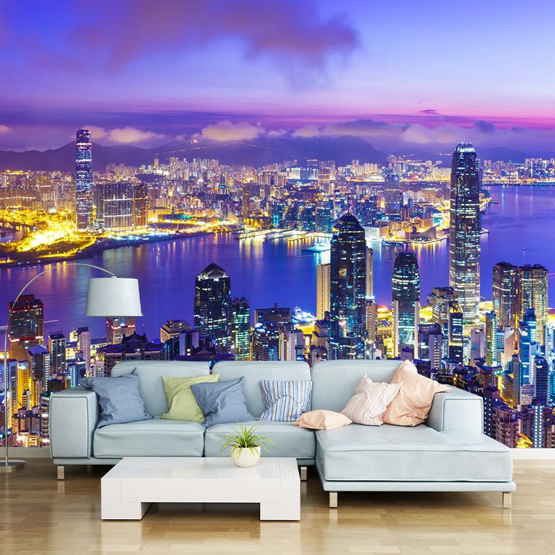 World Landmark Night Scene Mural Global Inspired Non-Woven Wall Decor for House Interior
