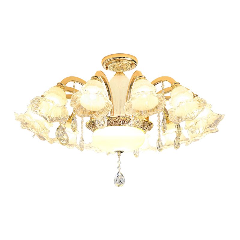Gold Floral Shade Ceiling Lighting Traditional Ruffle Glass Living Room Chandelier Light with Crystal Draping