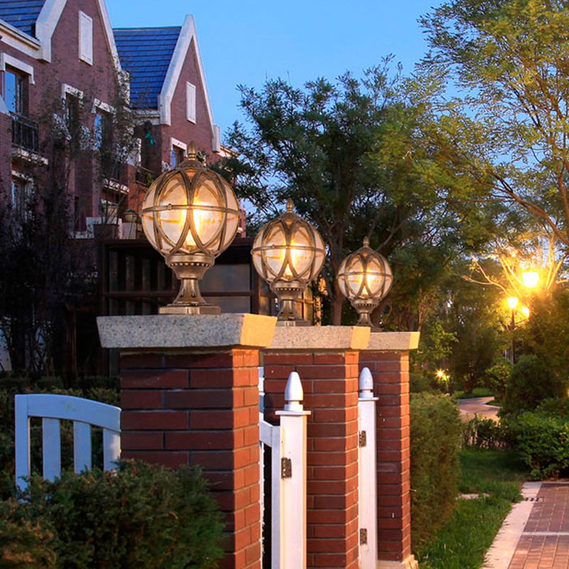 1-Light Waterproof Outdoor Light Spherical Pillar Lamp with Glass Shade for Garden