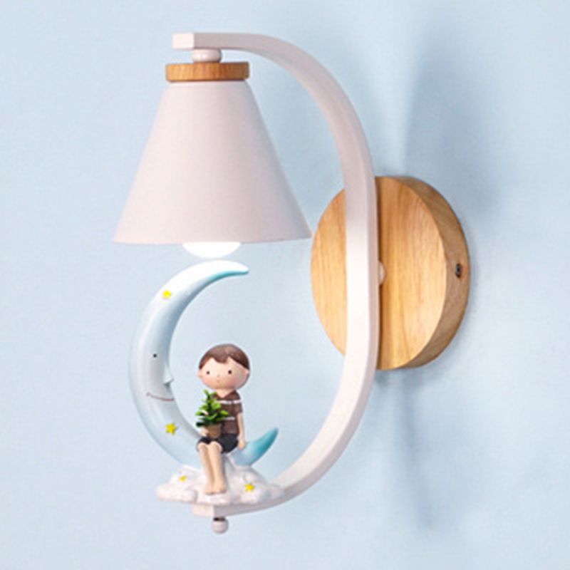 Tapered Wall Mount Light Kids Metallic 1-Light Bedside Wall Lighting with Decorative Figurine in White