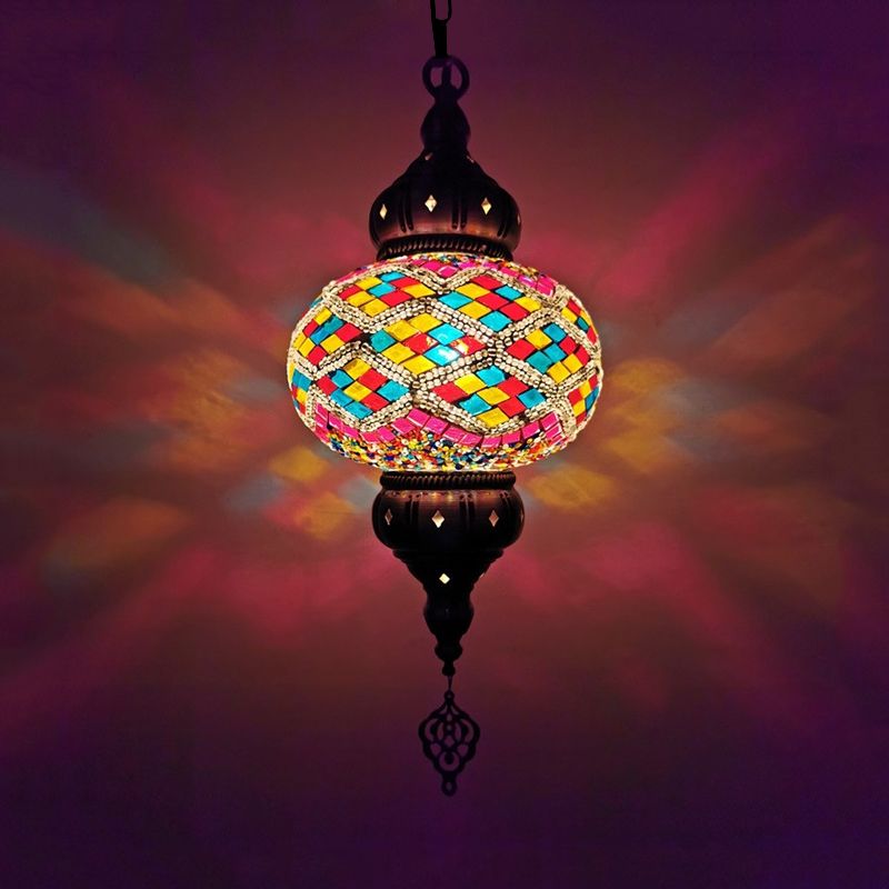 1 Head Cut Glass Ceiling Pendant Light Traditional Beige/Yellow/Blue Oval Dining Room Hanging Light Fixture