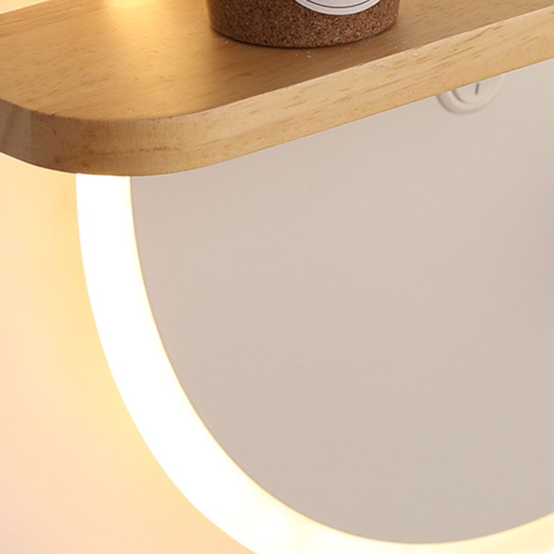 LED Circle Wall Sconce Nordic Wooden Kids Bedroom Wall Light with Shelf and Figurine