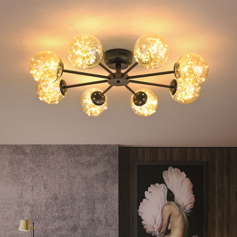 Einfache LED Starry Semi Flush Mount Black Globe Deckenleuchte mit Glasschatten