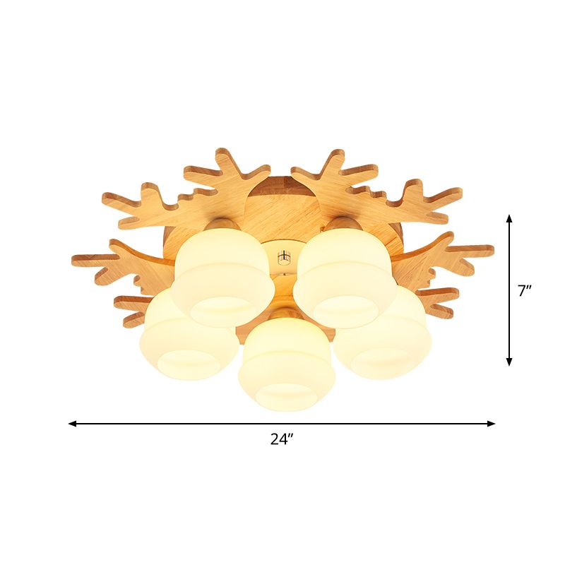 Jar White Glass Flush Lamp Fixture Modern 5/7 Bulbs Beige Ceiling Mounted Fixture with Wood Antler Design